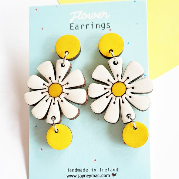 Jayney Mac White Daisy Dangle Wooden Earrings