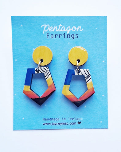 Jayney Mac Blue/Yellow Pentagon Wooden Earrings