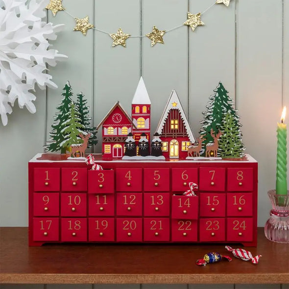 Rex of London Wooden Advent Calendar LED Lights - Carol Singers (Red)