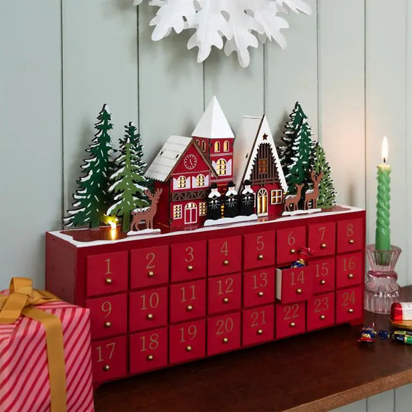 Rex of London Wooden Advent Calendar LED Lights - Carol Singers (Red)