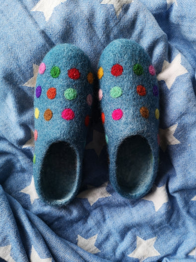 Cool Trade Winds Spotty Blue Felt Slippers