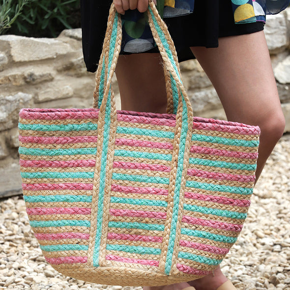 POM Pink and Aqua Recycled Paper and Jute Bag