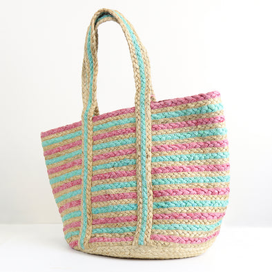 POM Pink and Aqua Recycled Paper and Jute Bag