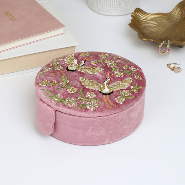 POM Pink Velvet Floral Crane Jewellery Box