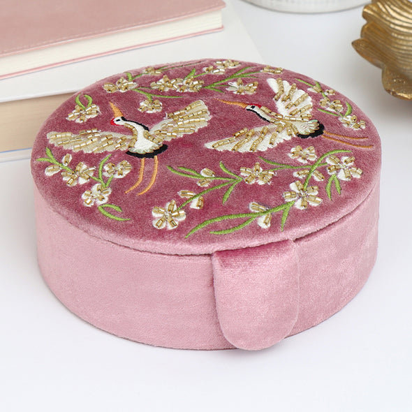 POM Pink Velvet Floral Crane Jewellery Box