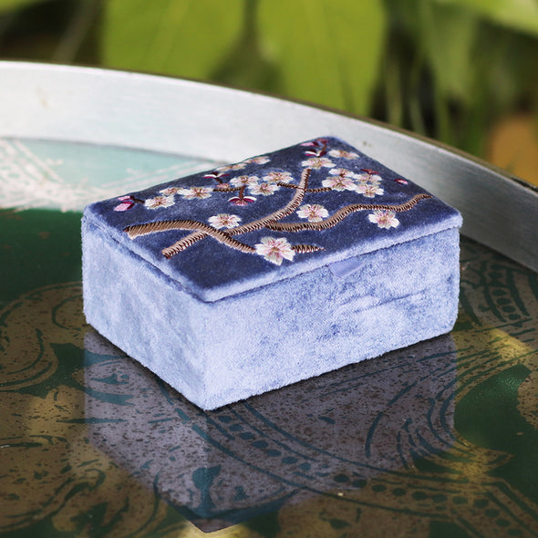 POM Blue Velvet Sakura Embroidered Jewellery Box