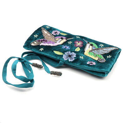 POM Teal Velvet Hummingbirds Jewellery Roll