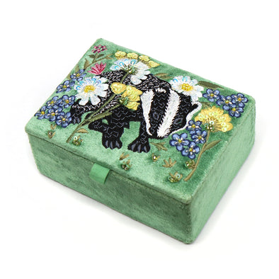 POM Green Floral and Badger Embroidered Jewellery Box