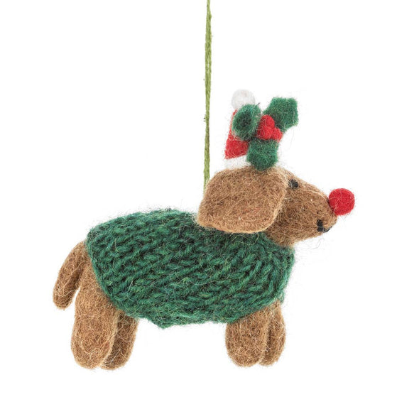 Felt So Good - Handmade Felt Rudolph Dachshund Dog Hanging Christmas Decor
