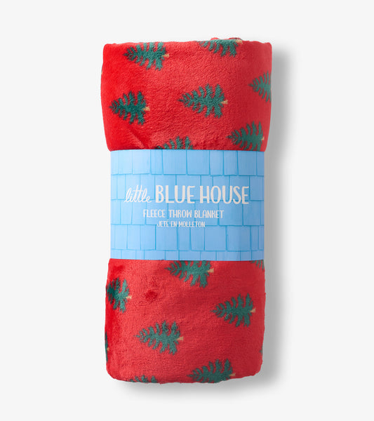 Little Blue House Trees On Red Fleece Blanket