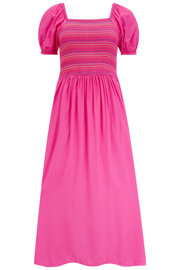 Sugarhill Brighton Octavia Dark Pink Rainbow Shirring Midi Shirred Dress