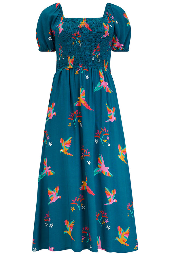 Sugarhill Brighton Jolene Teal Rainbow Parrots Midi Shirred Dress