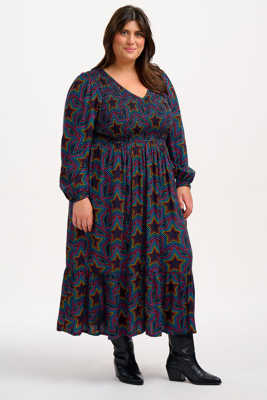 Sugarhill Brighton Black Rainbow Star Explosion Amberly Shirred Midi Dress