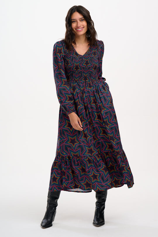 Sugarhill Brighton Black Rainbow Star Explosion Amberly Shirred Midi Dress