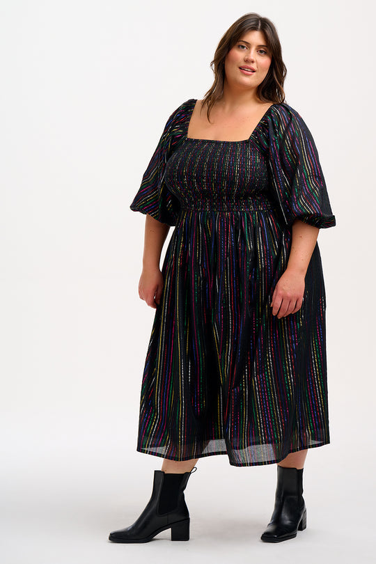 Sugarhill Brighton Black Metallic Rainbow Stripe Lillian Shirred Midi Dress