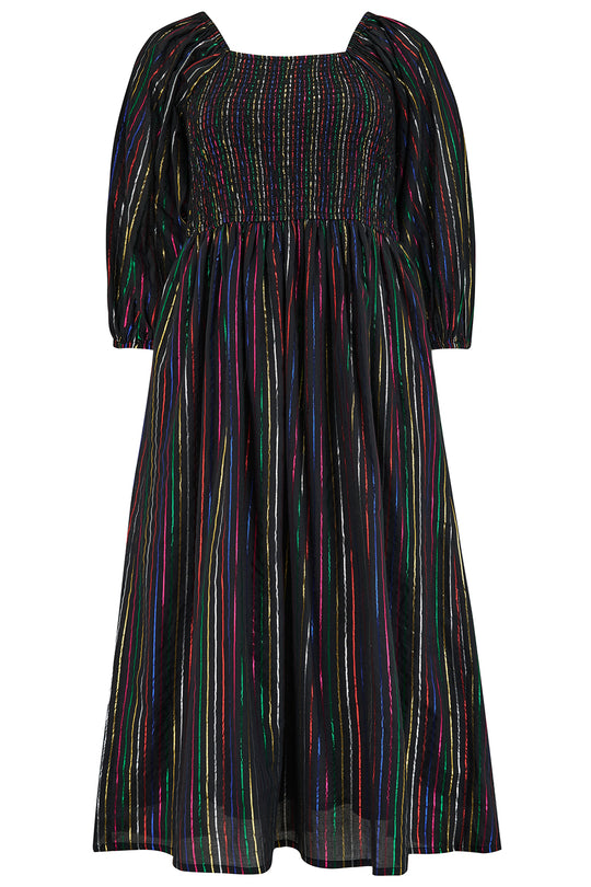 Sugarhill Brighton Black Metallic Rainbow Stripe Lillian Shirred Midi Dress