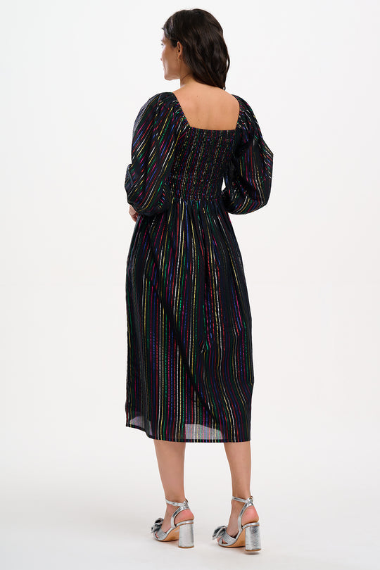 Sugarhill Brighton Black Metallic Rainbow Stripe Lillian Shirred Midi Dress