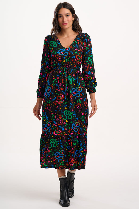 Sugarhill Brighton Roxanne Black Floral Snake Tiered Maxi Dress