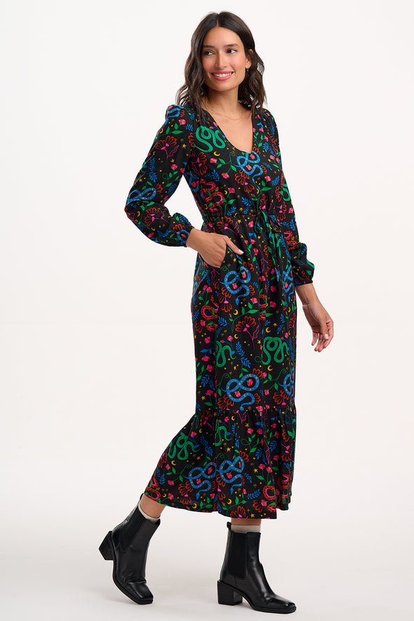 Sugarhill Brighton Roxanne Black Floral Snake Tiered Maxi Dress