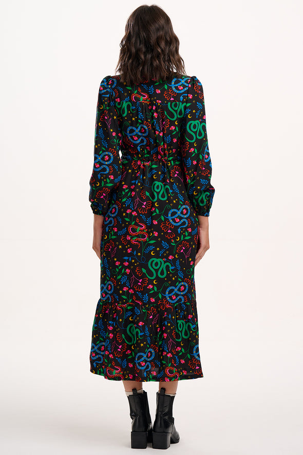 Sugarhill Brighton Roxanne Black Floral Snake Tiered Maxi Dress