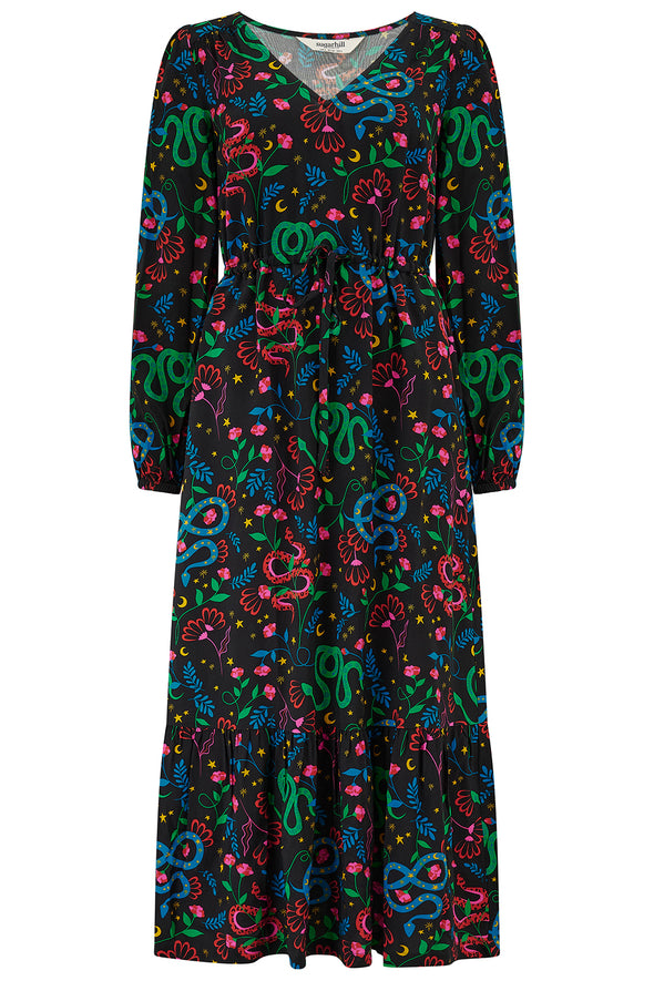 Sugarhill Brighton Roxanne Black Floral Snake Tiered Maxi Dress