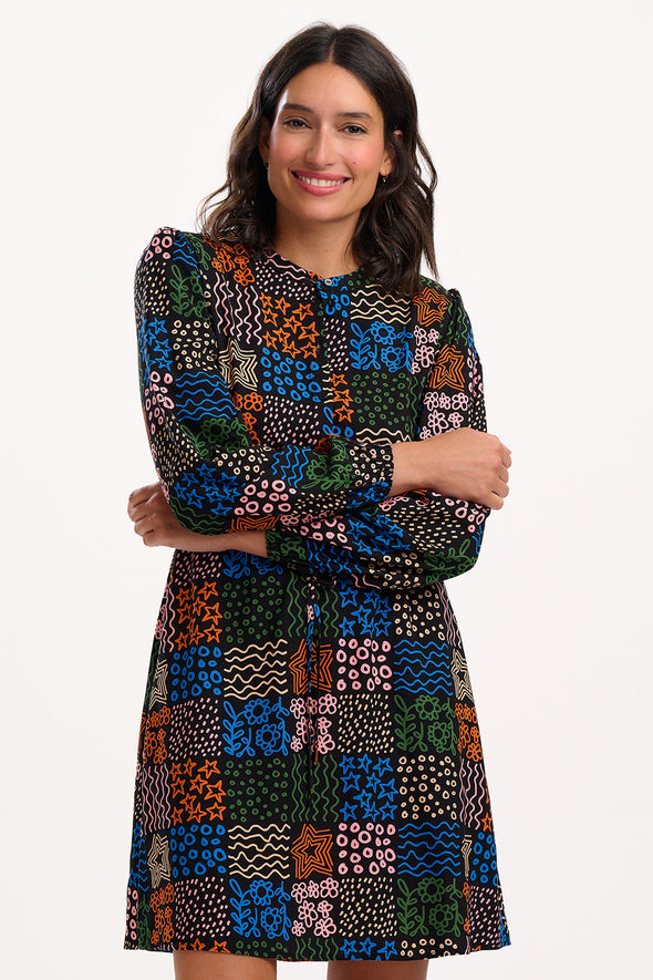 Sugarhill Brighton Flora Black/Multicolour Doodle Checkerboard Mini Shirt Dress