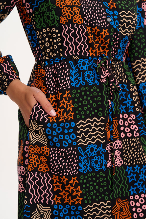 Sugarhill Brighton Flora Black/Multicolour Doodle Checkerboard Mini Shirt Dress