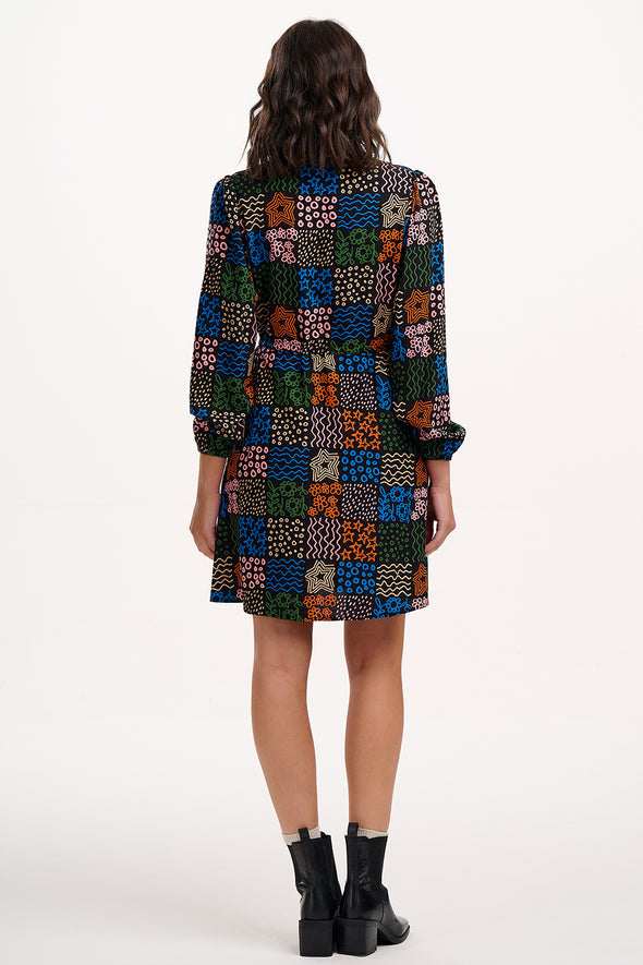 Sugarhill Brighton Flora Black/Multicolour Doodle Checkerboard Mini Shirt Dress