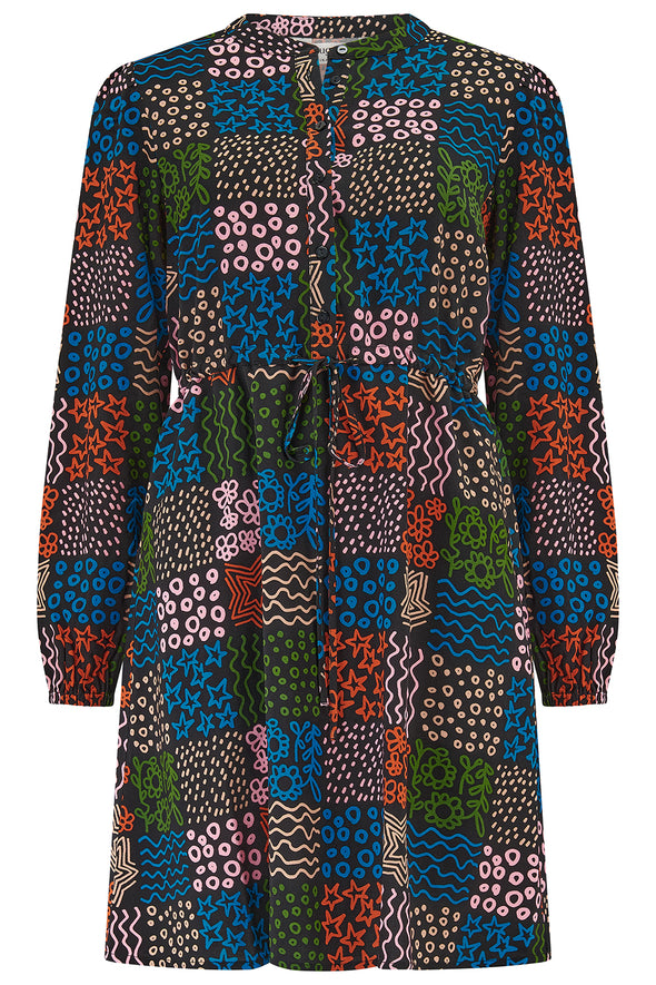Sugarhill Brighton Flora Black/Multicolour Doodle Checkerboard Mini Shirt Dress