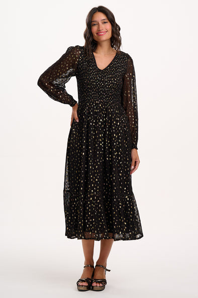 Sugarhill Brighton Jacqueline Black/Metallic Spot Shirred Midi Dress