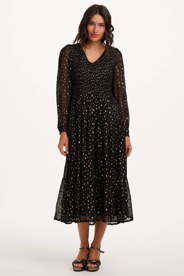 Sugarhill Brighton Jacqueline Black/Metallic Spot Shirred Midi Dress
