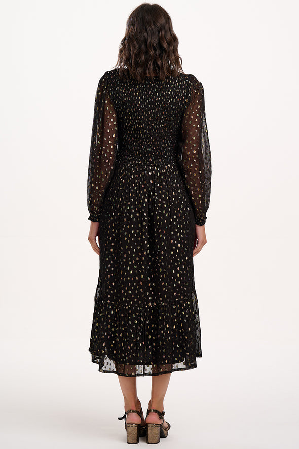 Sugarhill Brighton Jacqueline Black/Metallic Spot Shirred Midi Dress