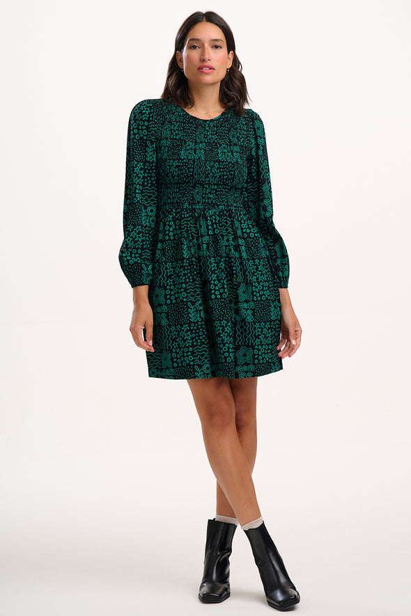 Sugarhill Brighton Dee Dee Black/Green Doodle Checkerboard Mini Shirred Dress
