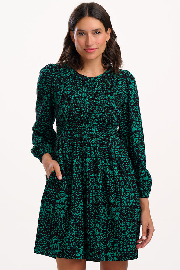 Sugarhill Brighton Dee Dee Black/Green Doodle Checkerboard Mini Shirred Dress