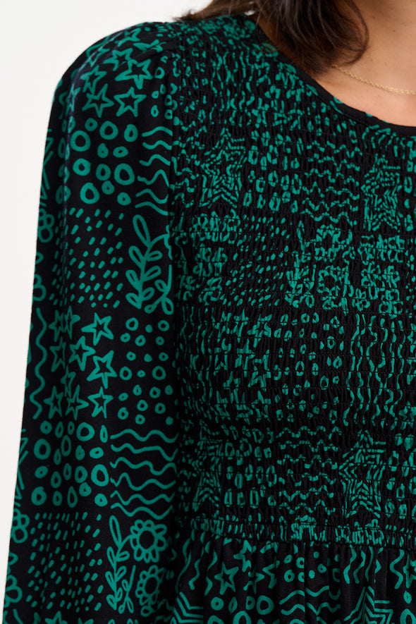 Sugarhill Brighton Dee Dee Black/Green Doodle Checkerboard Mini Shirred Dress