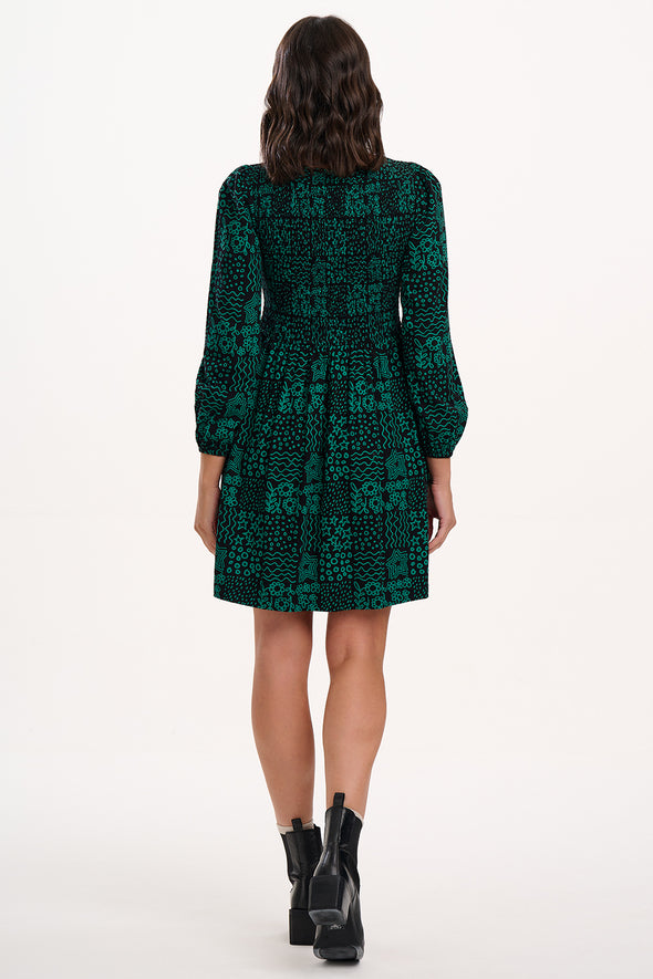Sugarhill Brighton Dee Dee Black/Green Doodle Checkerboard Mini Shirred Dress