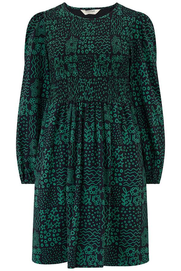 Sugarhill Brighton Dee Dee Black/Green Doodle Checkerboard Mini Shirred Dress