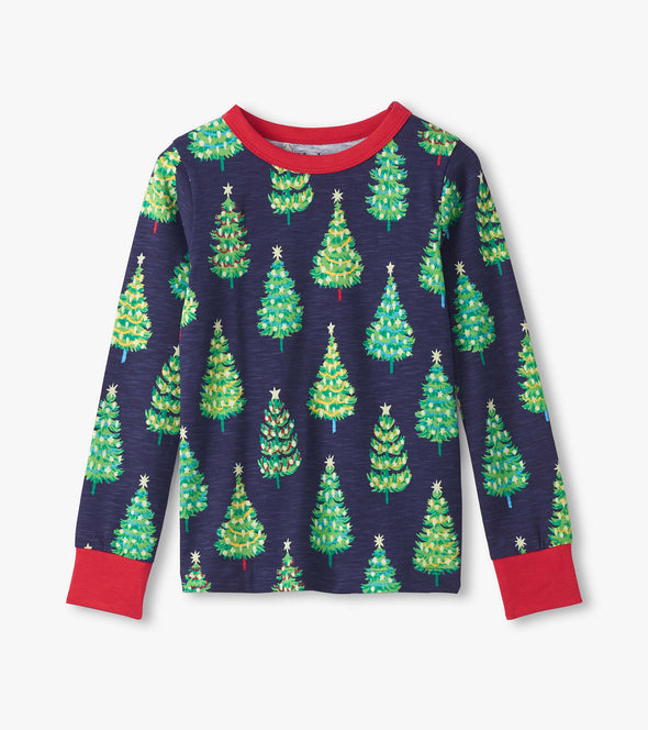 Hatley Navy Bottle Brush Trees Stretch Organic Cotton Pyjamas