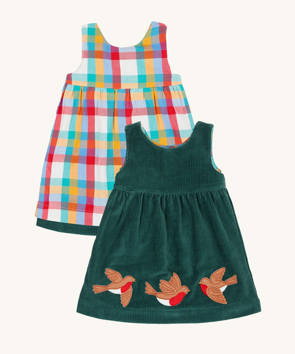 Frugi Rosalie Reversible Dress Holly Green/Rainbow Check