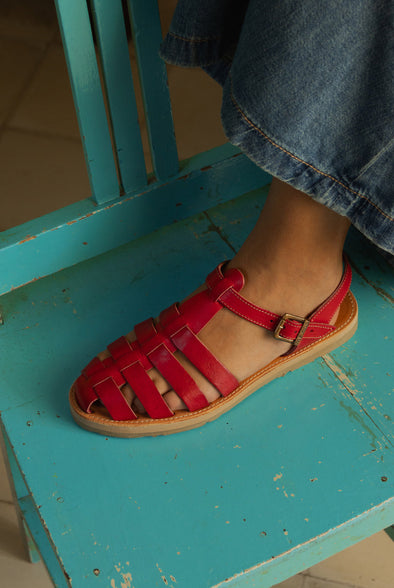 Mexas Red Leather Chilaquiles Fisherman's Sandals