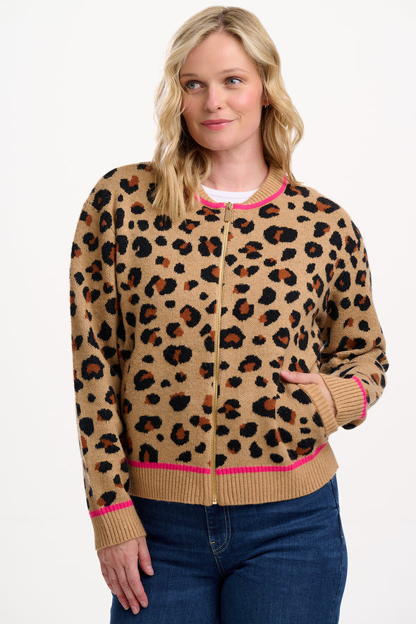 Sugarhill Brighton Solana Tan/Black Leopard Bomber Jacket