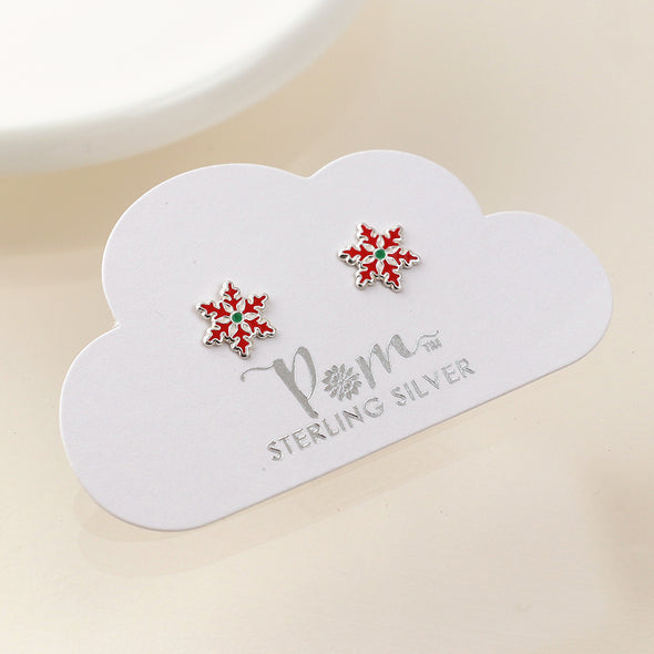 POM Sterling Silver Red Snowflake Stud Earrings