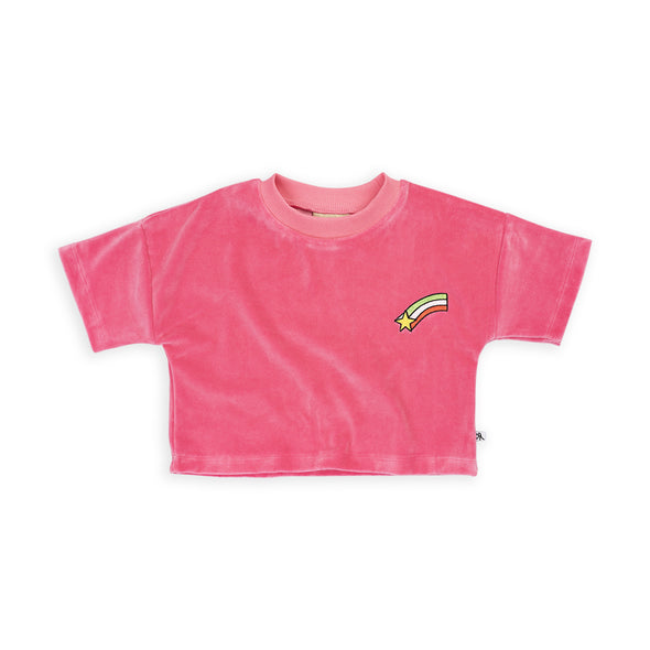 CarlijnQ Pink Velour Cropped Crewneck Top With Embroidery