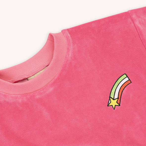 CarlijnQ Pink Velour Cropped Crewneck Top With Embroidery