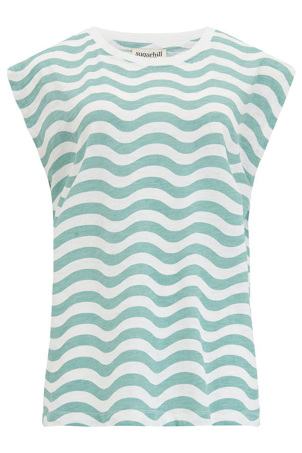 Sugarhill Brighton Chrissy Off-White Sea Green Wavy Stripes T-shirt