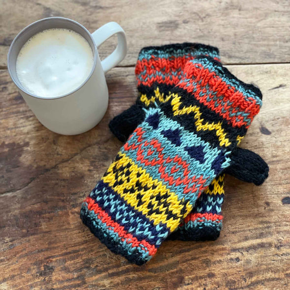 The Paper High Gift Company Limited Woollen Fairisle Handwarmer Gloves Blue / Yellow / Orange