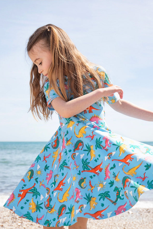 Frugi Bluebird Dinoland Spring Skater Dress