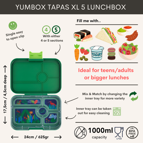 Yumbox Tapas 5 Compartment Palm Green Lunchbox with Jungle Tray