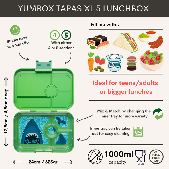Yumbox Tapas 4 Compartment Jurassic Green LunchBox with Shark Tray