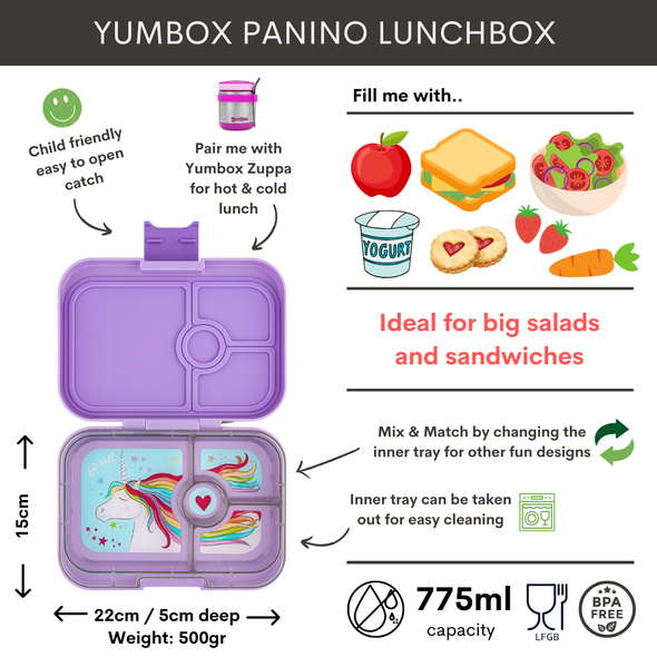 Yumbox Panino Lavande Purple Lunchbox with Unicorn Tray